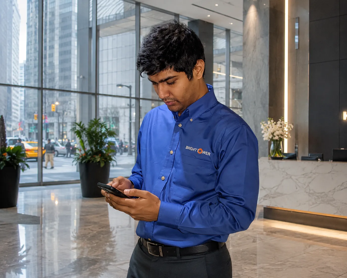 A Bright Power team member helping a New York City building understand their Energy Grade
